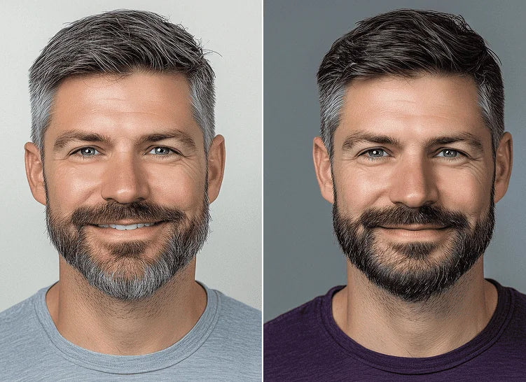 Before and after comparison of a customer’s hair and beard appearance