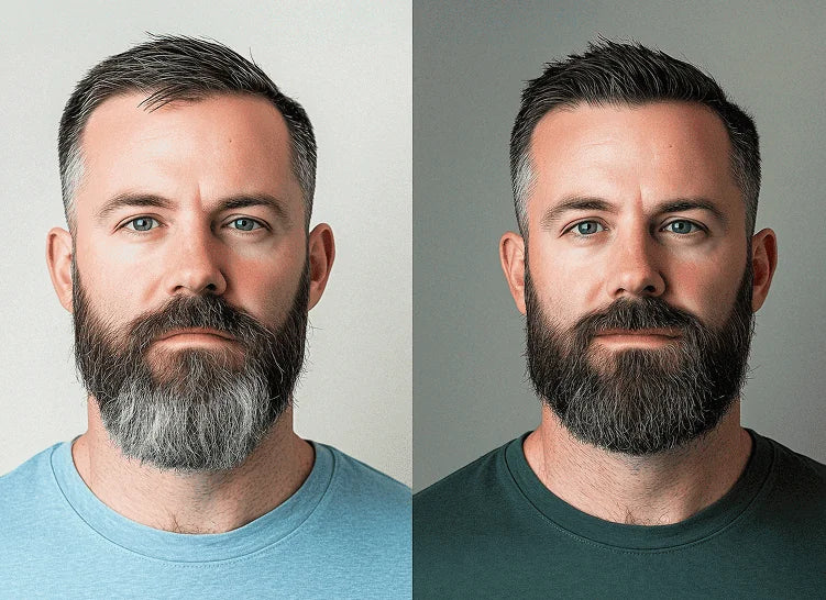 Before and after comparison of a customer’s beard and hair